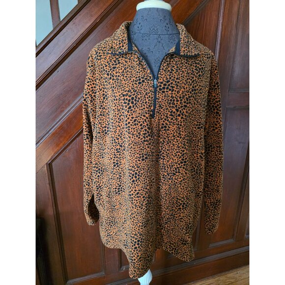 Lands End Womens Soft 2X Leopard Print Fleece Pullover Quarter-Zip Top - Picture 1 of 7